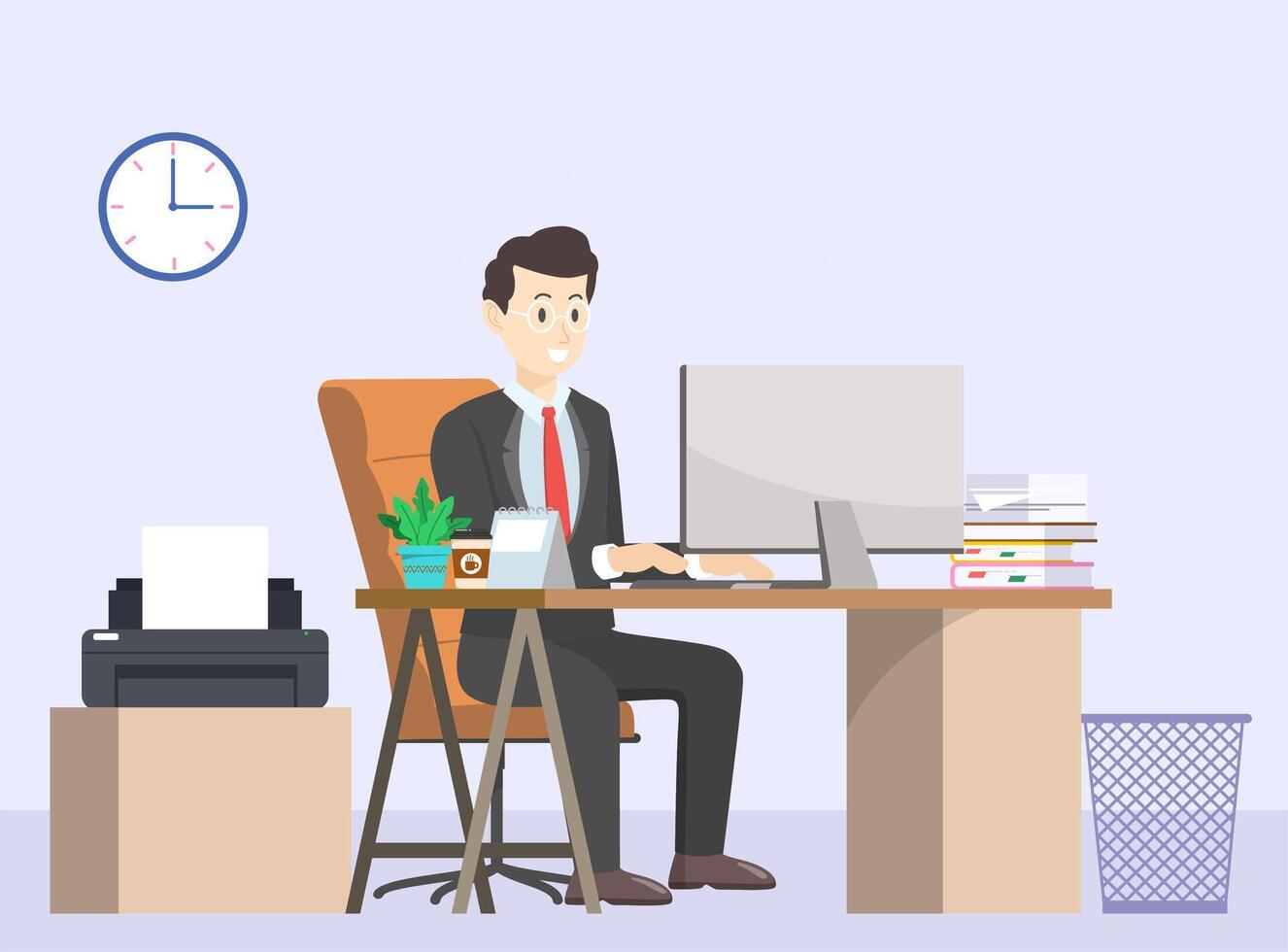 Office Worker Sitting at Desk with Computer Feeling Happy Engaged in Workflow Illustration. vector