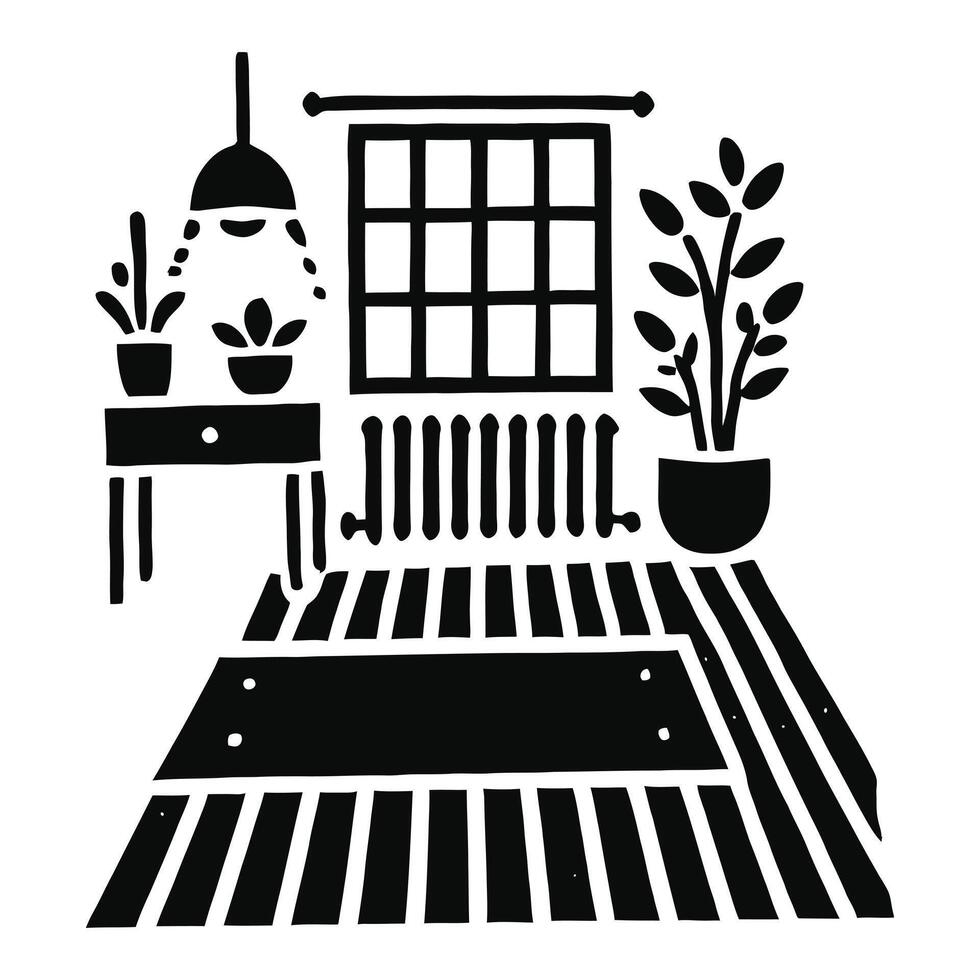 A black and white illustration of a room with a window and plants vector