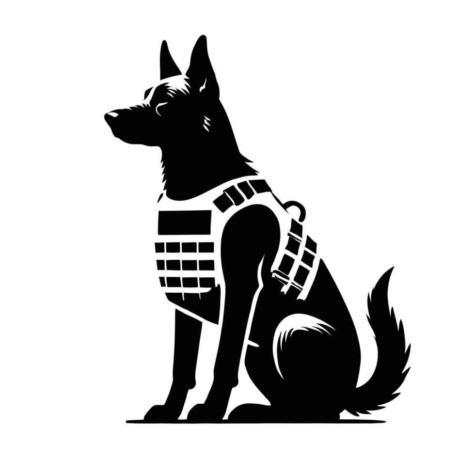 A black and white silhouette of a dog wearing a vest vector