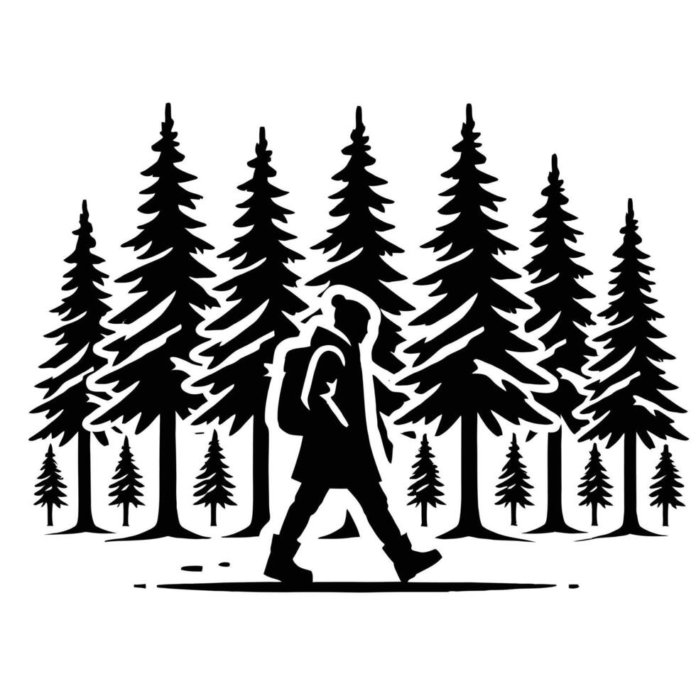 A silhouette of a man walking through the woods vector