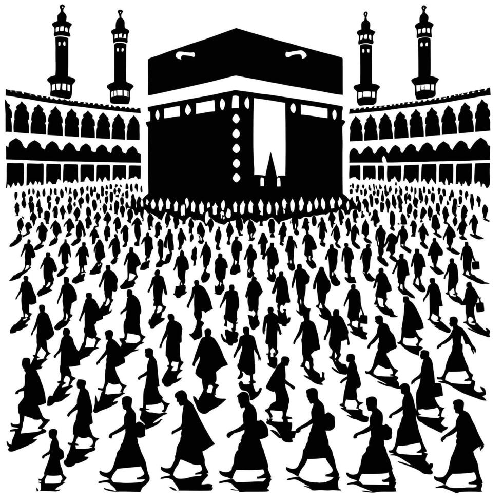 A black and white illustration of people walking around the kaaba vector