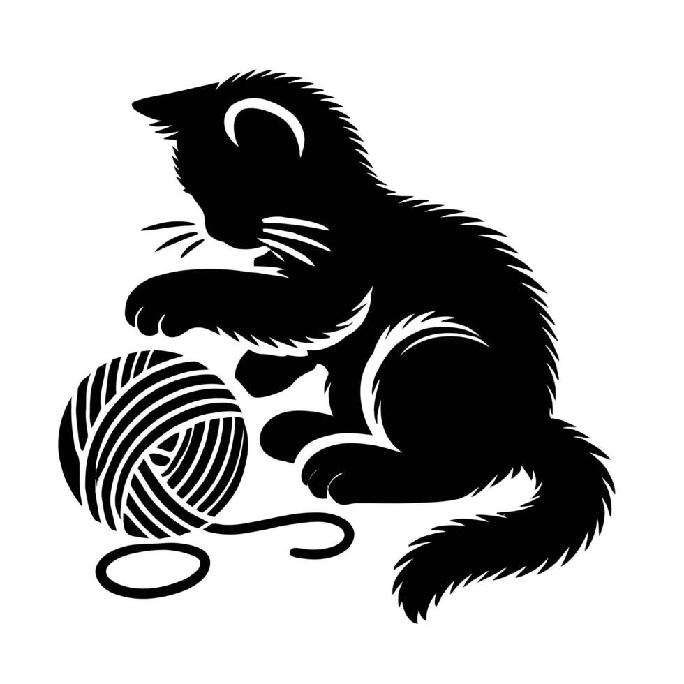 A black and white silhouette of a cat playing with a ball of yarn vector