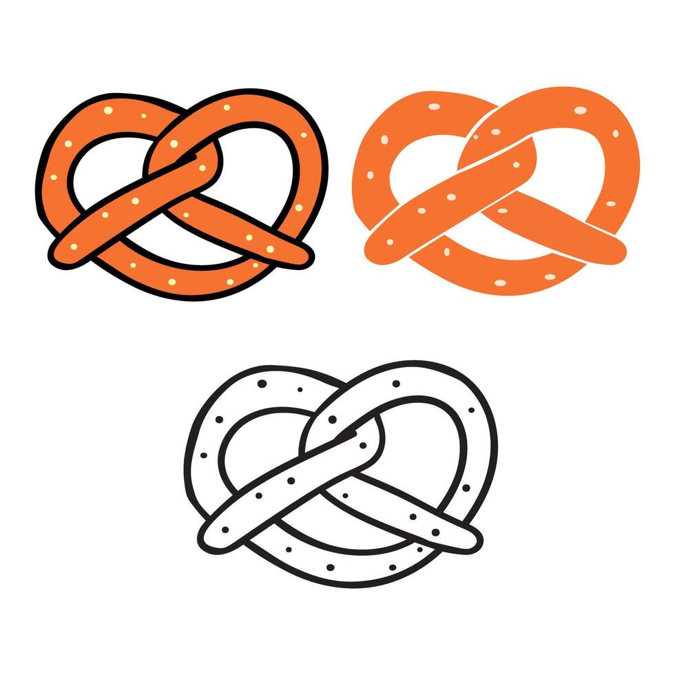Set of pretzels. Flat and outline design. Isolated icons on white background. vector