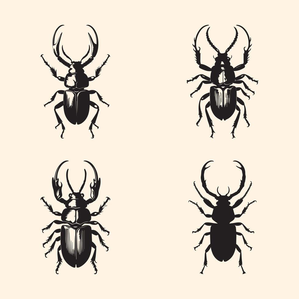 Stag Beetle Insect icon set, Beetle Pest Bug Arthropod Silhouette illustration vector
