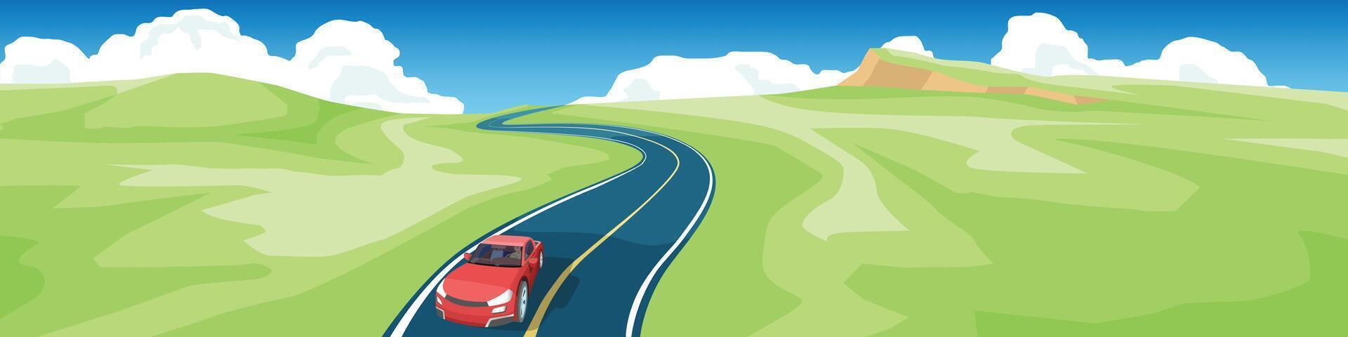 Pickup car with driving man and landscape with a winding road leading into the distance. Under blue sky above rolling green hills. Whimsical scene that evokes a sense of journey and open space. vector