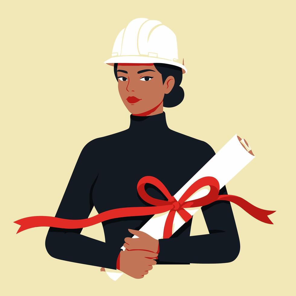 Woman Architect Holding Project Plans Flat Design Graphic vector