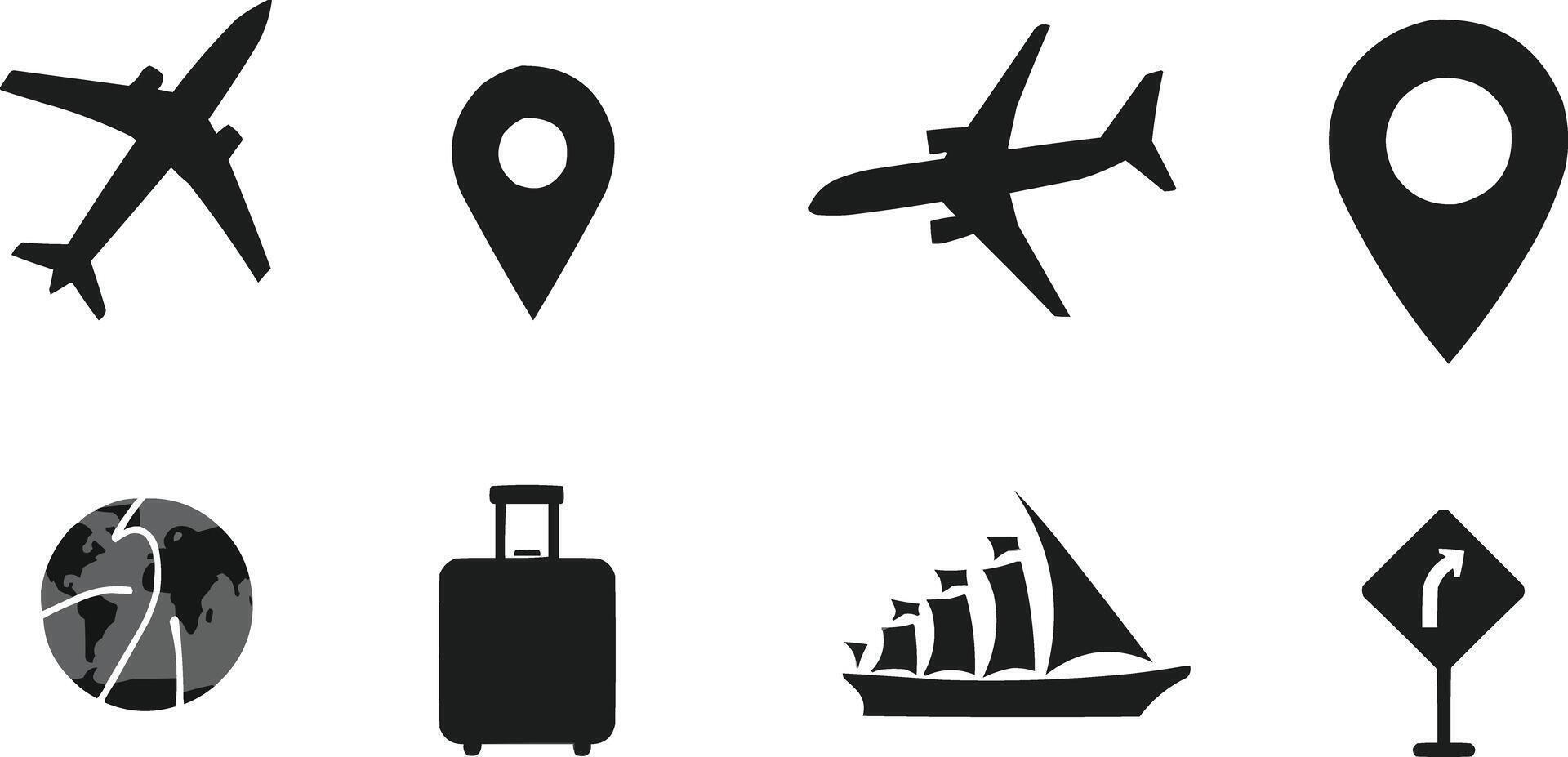 Flat Travel and Direction Icons Compass, Airplane, and Map vector