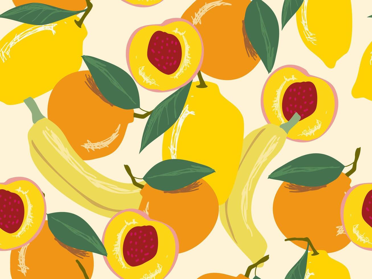 Seamless pattern with peaches, lemons, orange and bananas, background, wallpaper with hand drawn for banners, cards, flyers, social media wallpapers, etc. vector