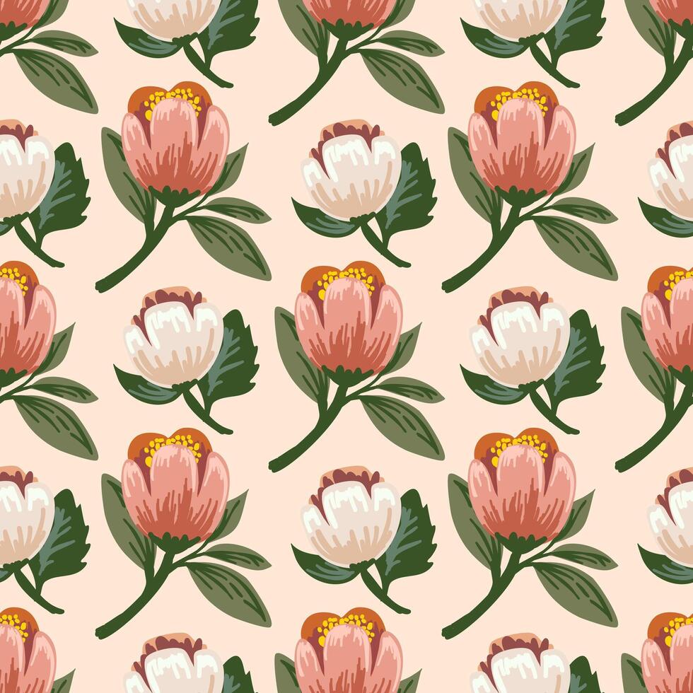 Seamless floral pattern with pink and white flowers and green leaves on a beige background, wallpaper with hand drawn for banners, cards, flyers, social media wallpapers, etc. vector