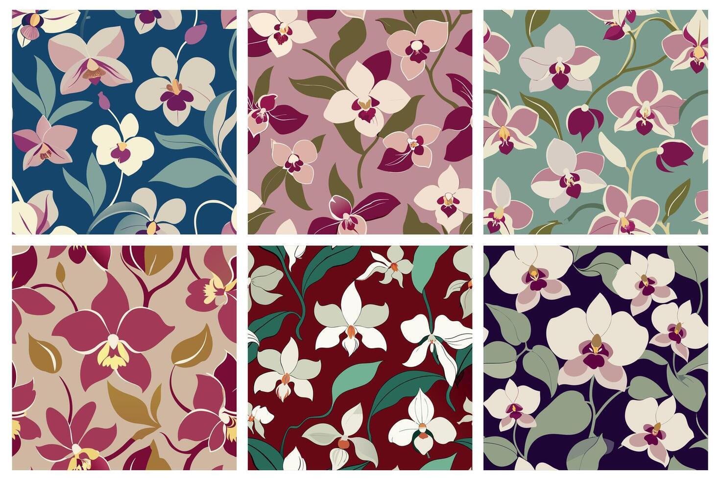 A set of six different floral patterns with orchids vector