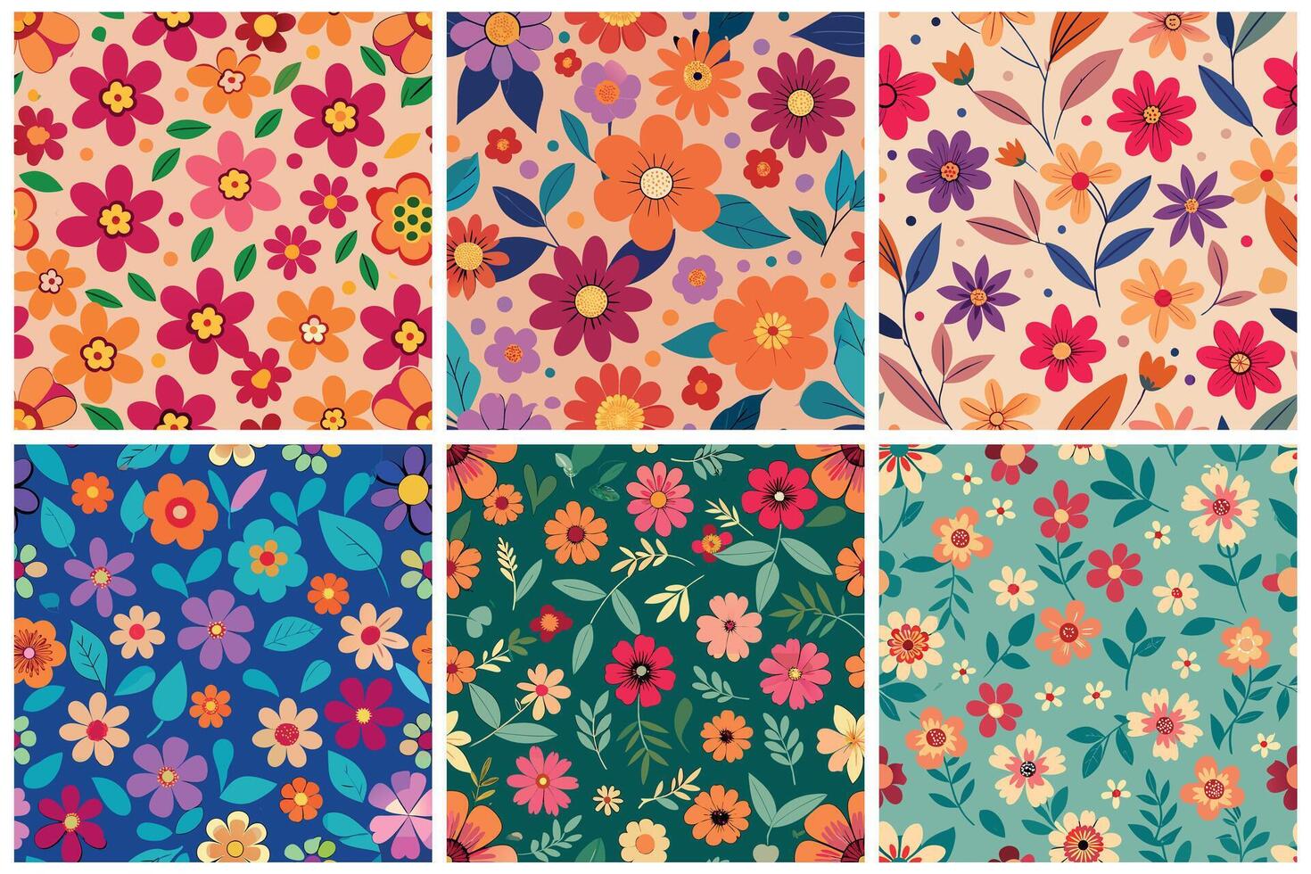 Six different floral patterns in different colors vector