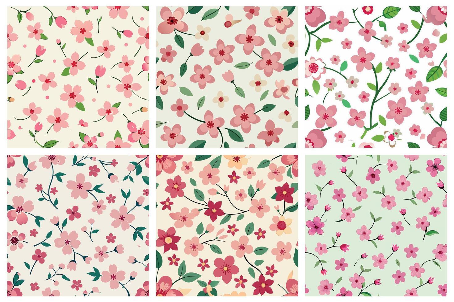 A collection of six different floral patterns with cherry vector