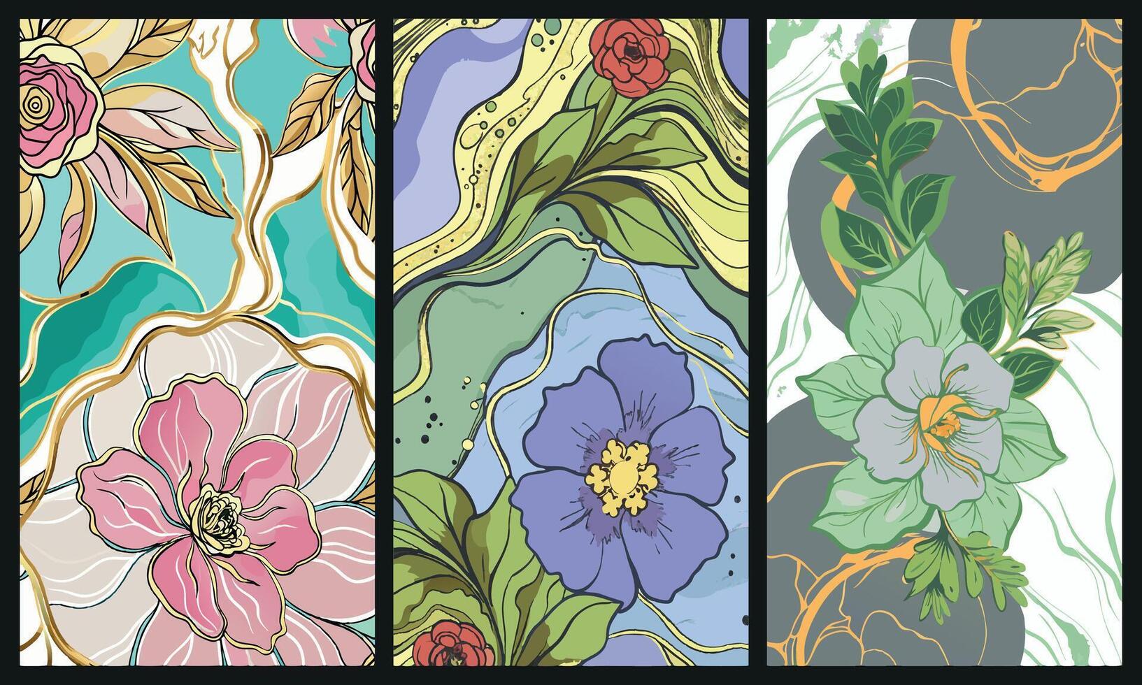 Elegant Hand Drawn Floral Background Set with Gold Accents vector