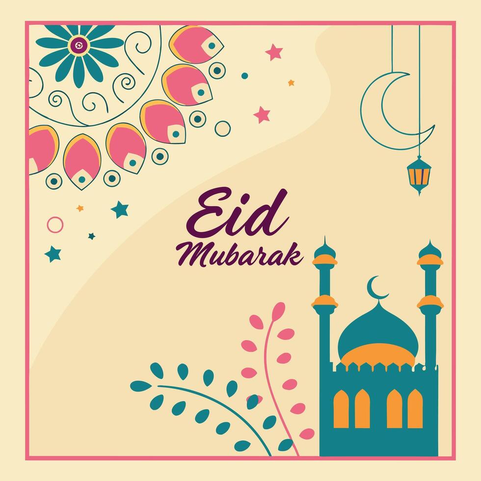 Eid Mubarak Greeting with Crescent Moon and Floral Art vector