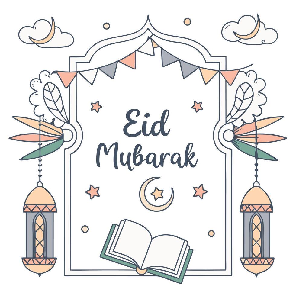 Modern Flat Eid Mubarak Card with Festive Banners vector