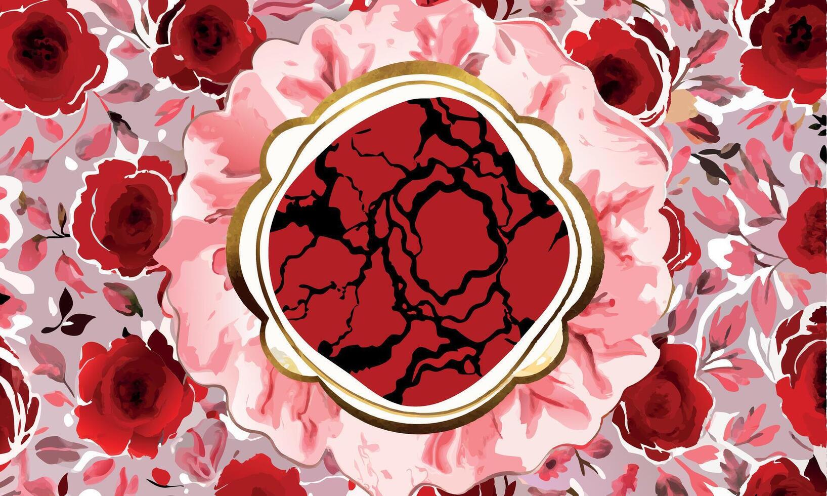 A red and white floral pattern with a cracked frame vector