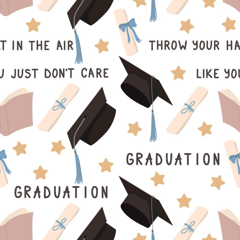 Hand drawn graduation background with books, diplomas, stars and a graduate cap. vector