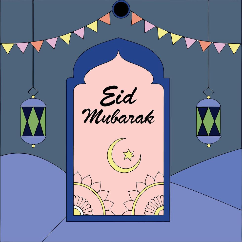Festive Eid Mubarak Card with Islamic Motifs and Lanterns vector