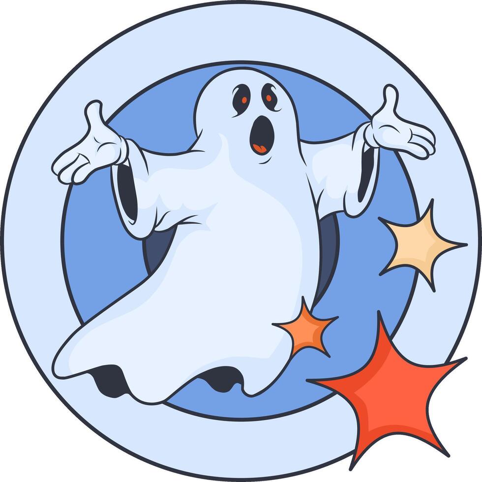 surprised white ghost cartoon with red eyes, outstretched arms, in a blue circle with starbursts. vector