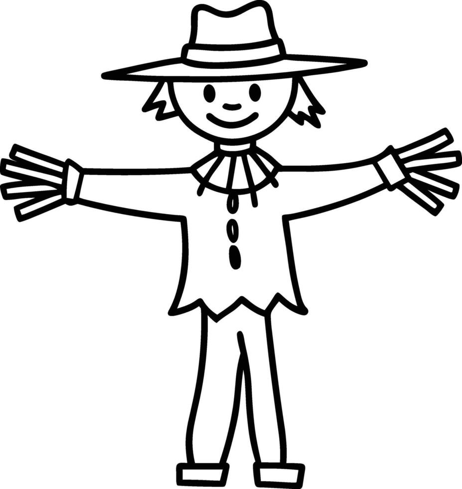Cute Scarecrow Line Drawing - Simple Farm and Autumn Illustration vector