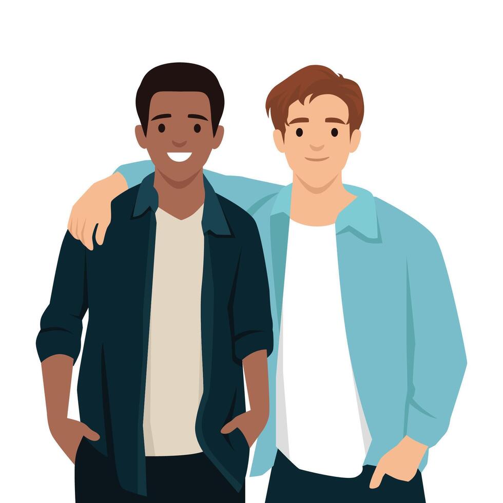 Two friends pose together with their arms around each other, warmth and camaraderie. vector