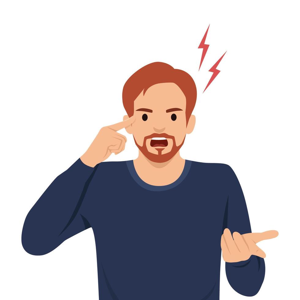 Angry man gestures intensely with his hand and points to his head, emphasizing frustration. vector