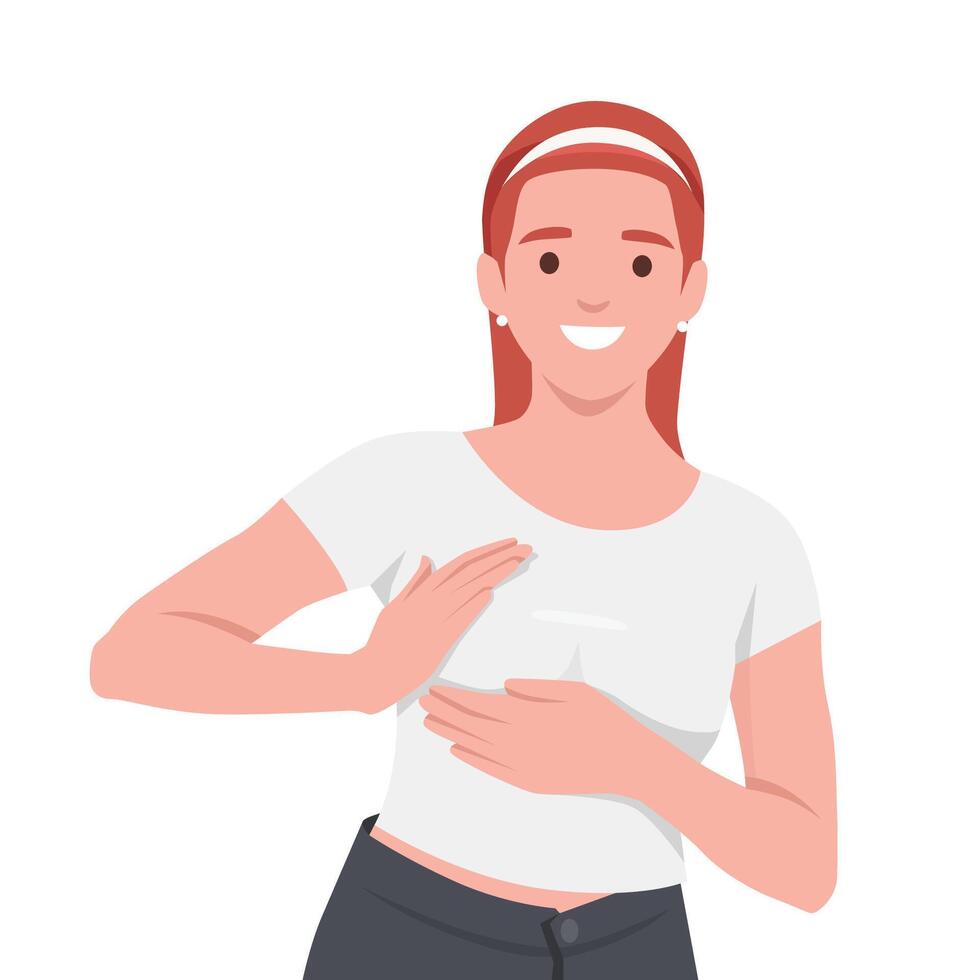 Woman Performing Breast Self Exam Gesture, breast self examination, promoting health awareness. vector
