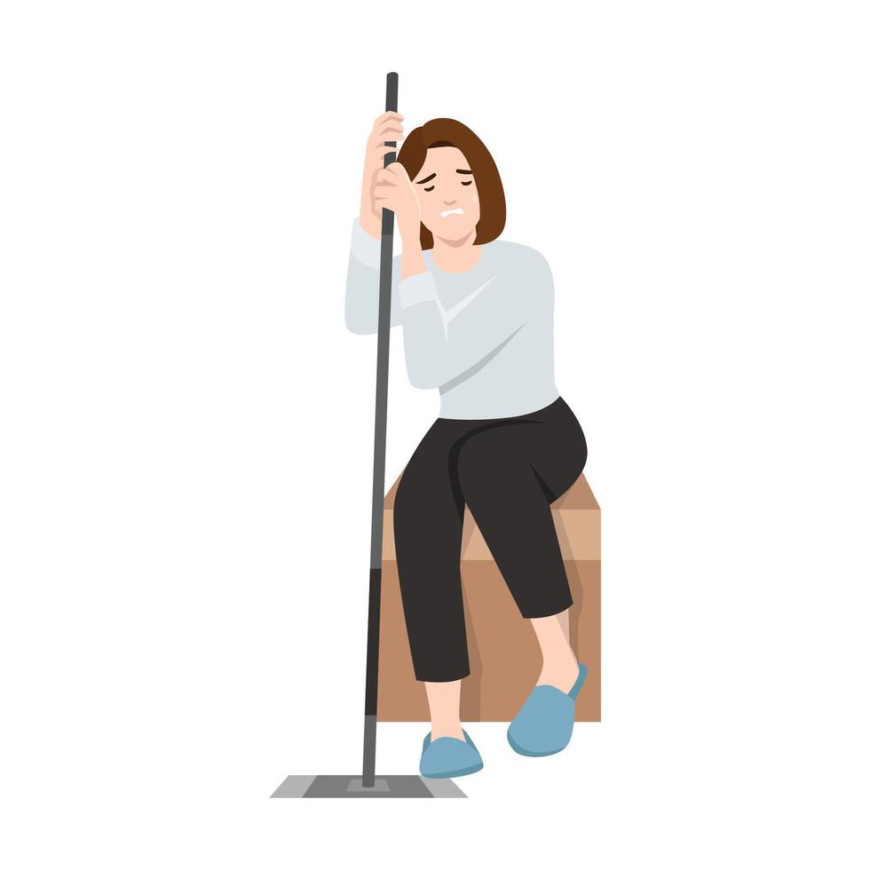 Exhausted Woman Resting During Cleaning leaning on a mop, fatigue from cleaning. vector