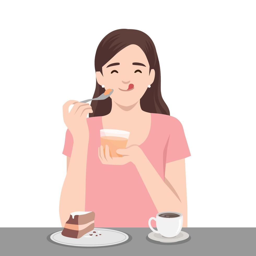 Woman in a pink shirt delightfully eating dessert with a slice of cake and coffee on the table. vector
