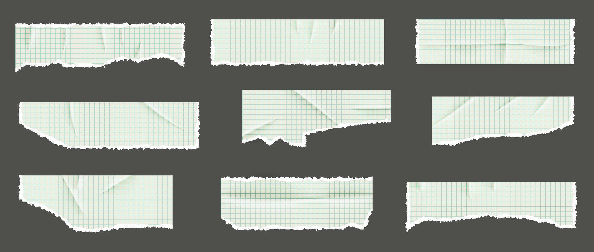 A kit of pieces of torn chequered paper from a maths notebook. A sheet of stickers with crumpled sticker. realistic glued texture. Elements for collage, poster, banner. vector