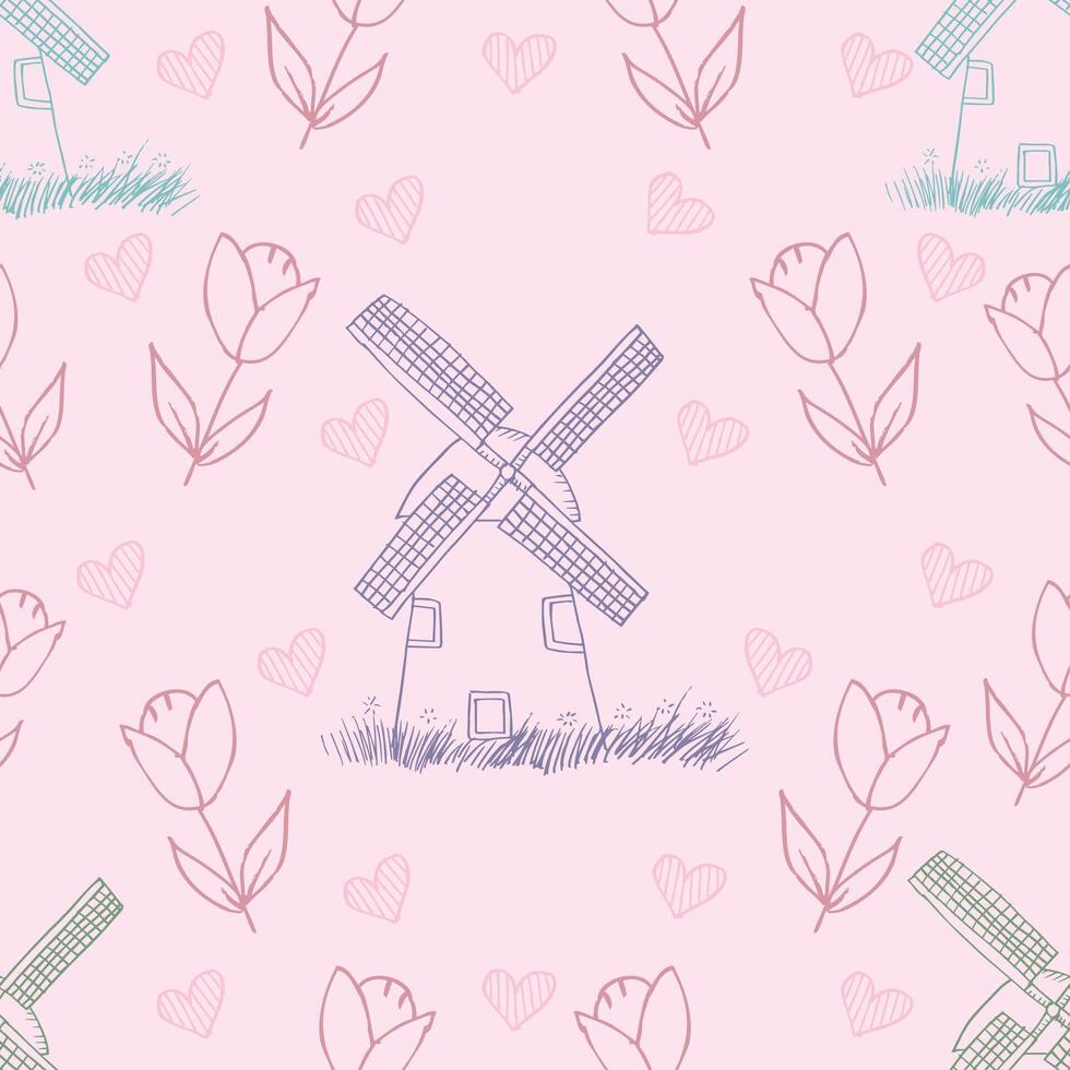 Hand drawn seamless pattern with windmill, vector