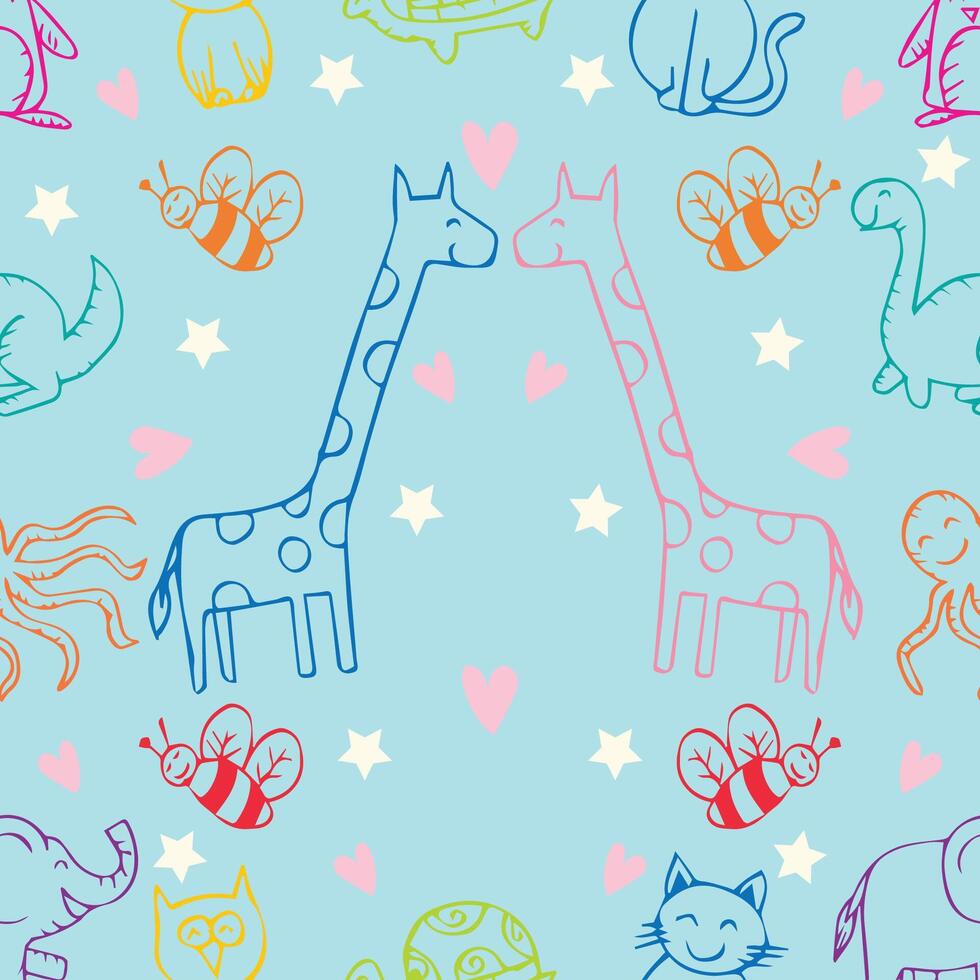 Seamless pattern with cute hand drawn doodle animals. vector