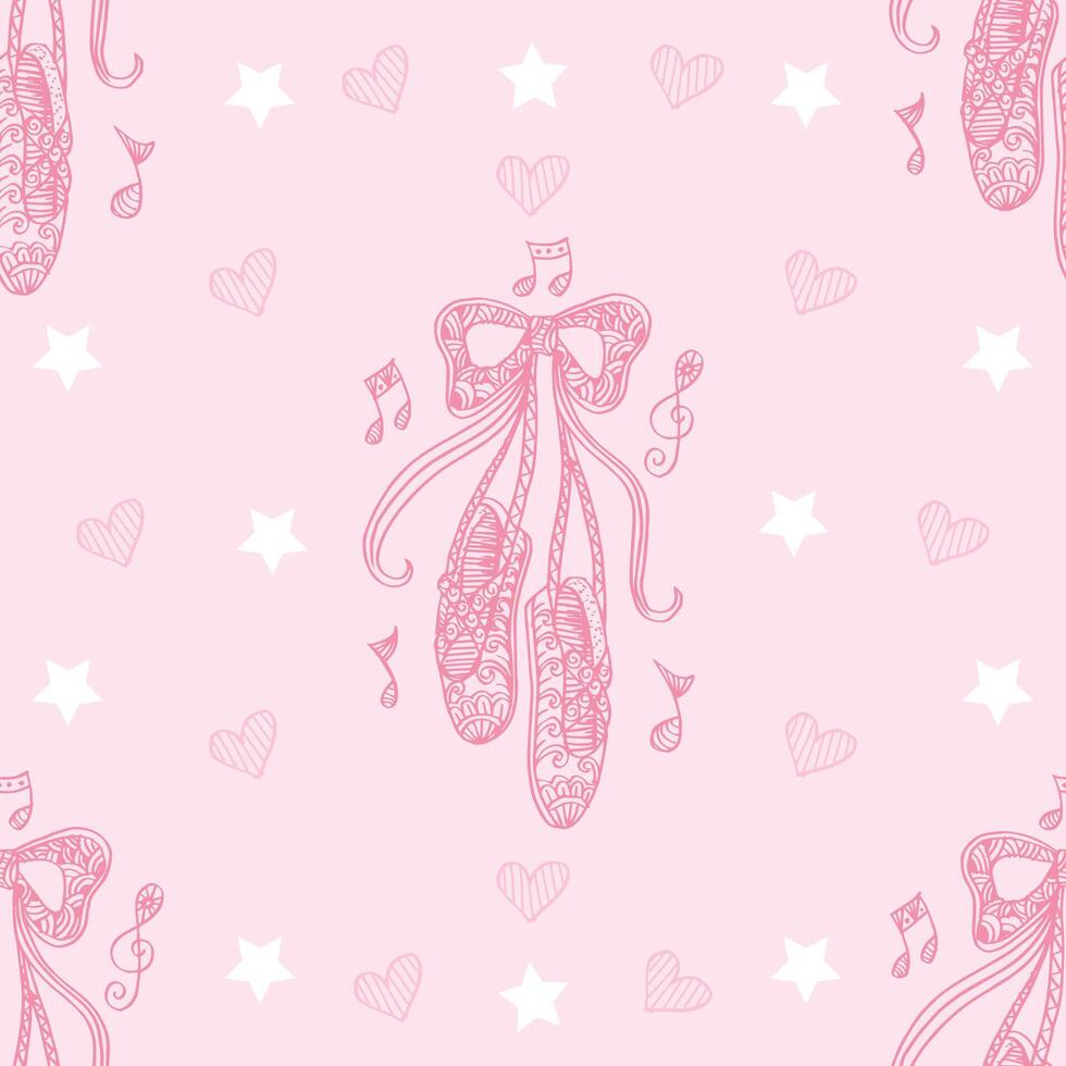 Seamless pattern with ballet pointe shoes, musical notes and hearts. vector