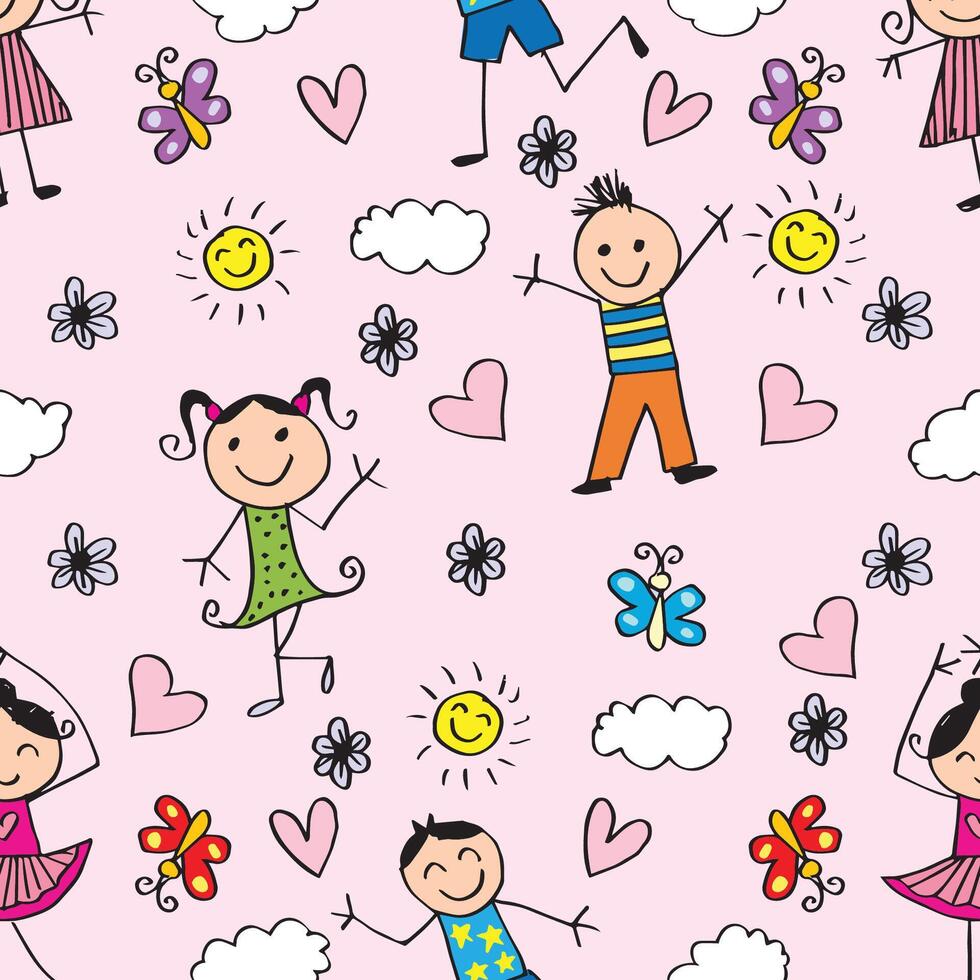 Seamless pattern with happy children and hearts. vector