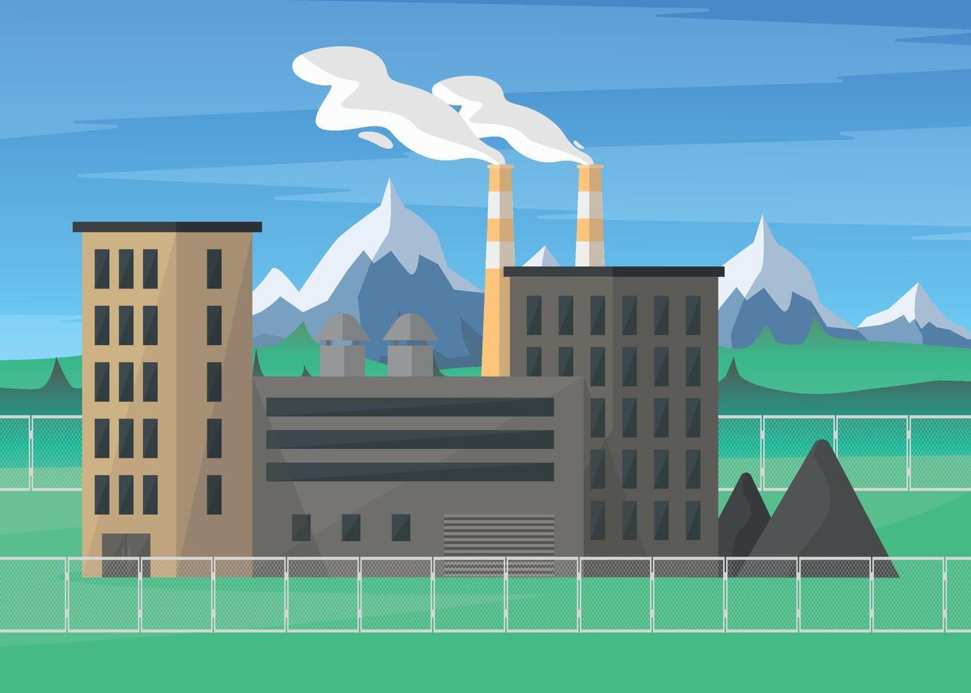 Landscape of a coal plant with a fence against the backdrop of mountains. Ecological situation. vector