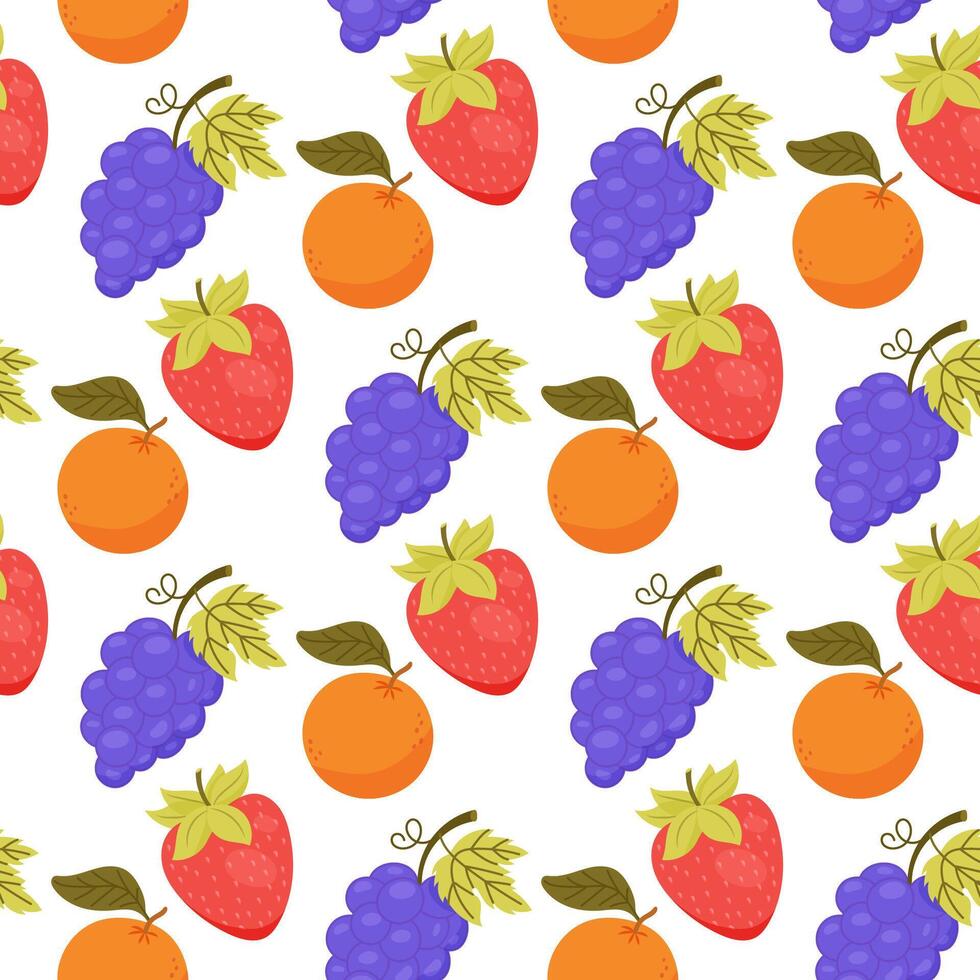 Seamless pattern with grapes strawberries and oranges on white background vector