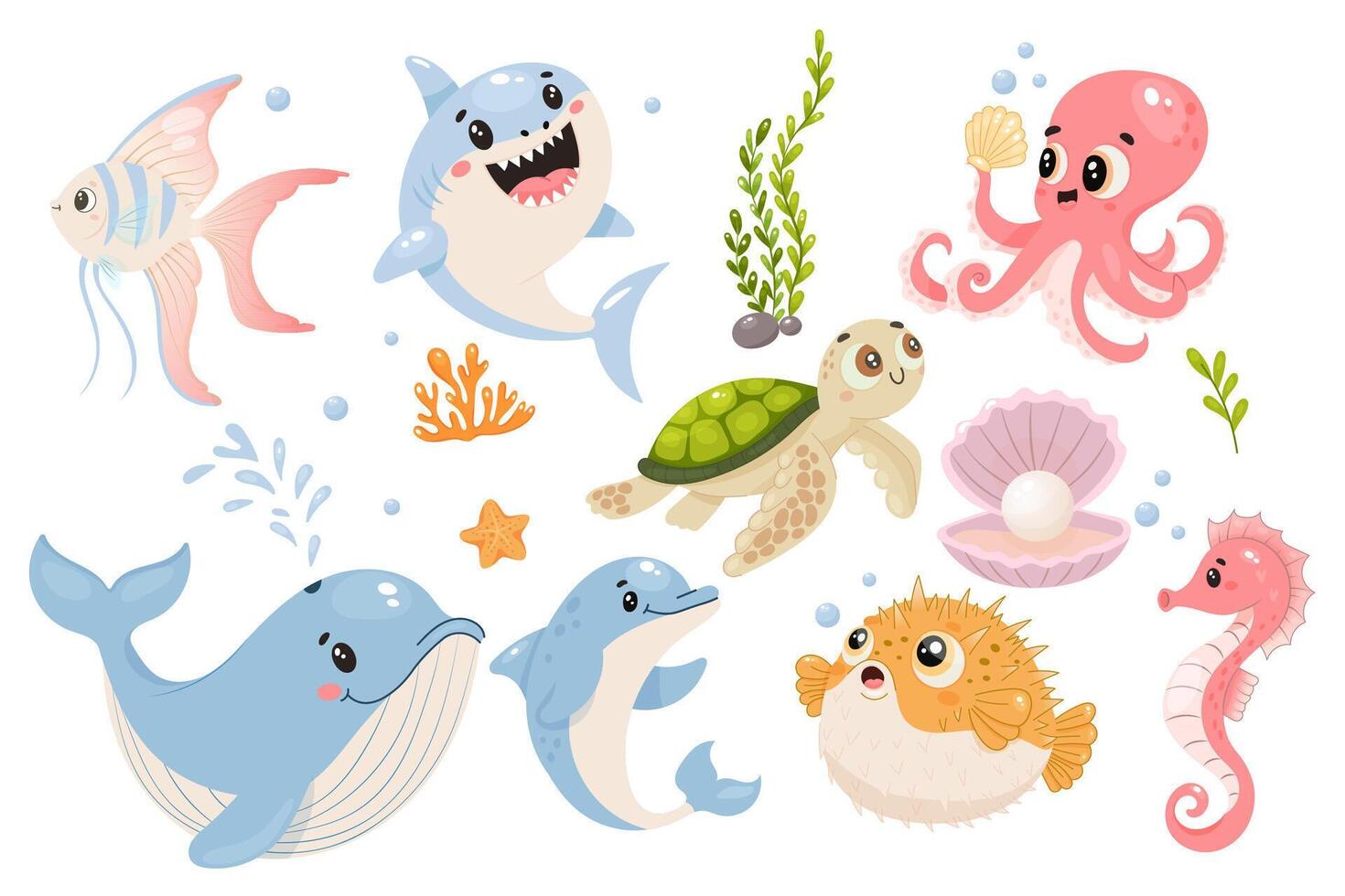 Set of adorable ocean creatures including shark, turtle, dolphin, octopus, and more vector