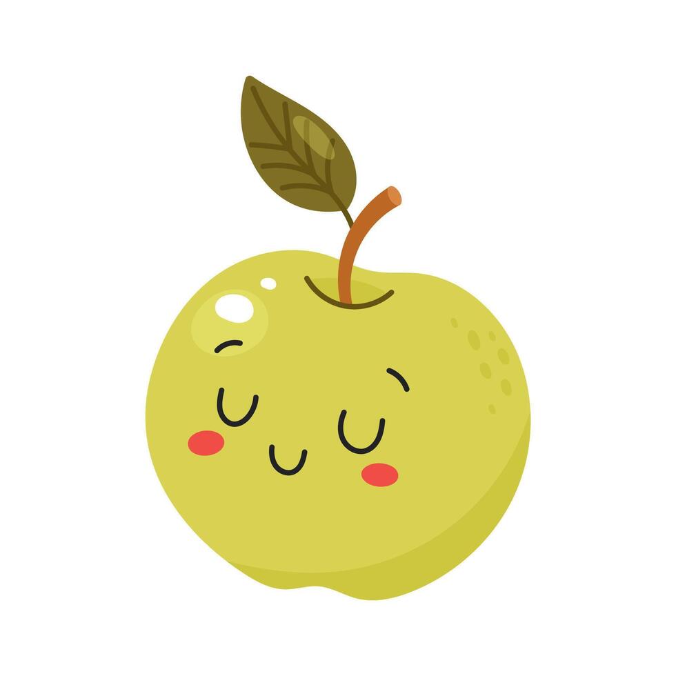 Peaceful green apple cartoon character with closed eyes and blush vector