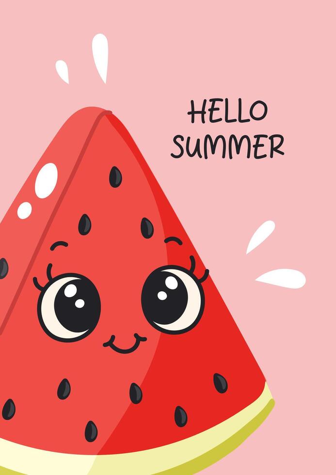 Cute Watermelon Slice with Smiling Kawaii Cartoon Face hello summer vector