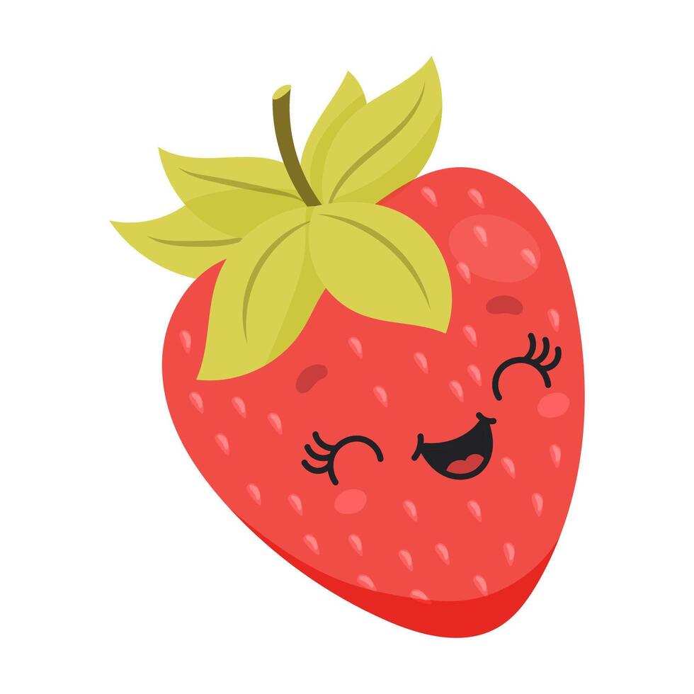 Smiling cartoon strawberry with eyelashes and green leafy top detail vector