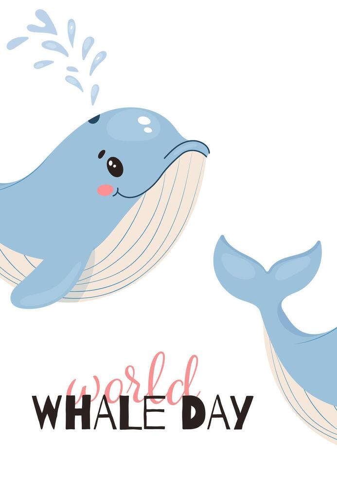 Happy blue whale illustration with water splash and text for World Whale Day vector