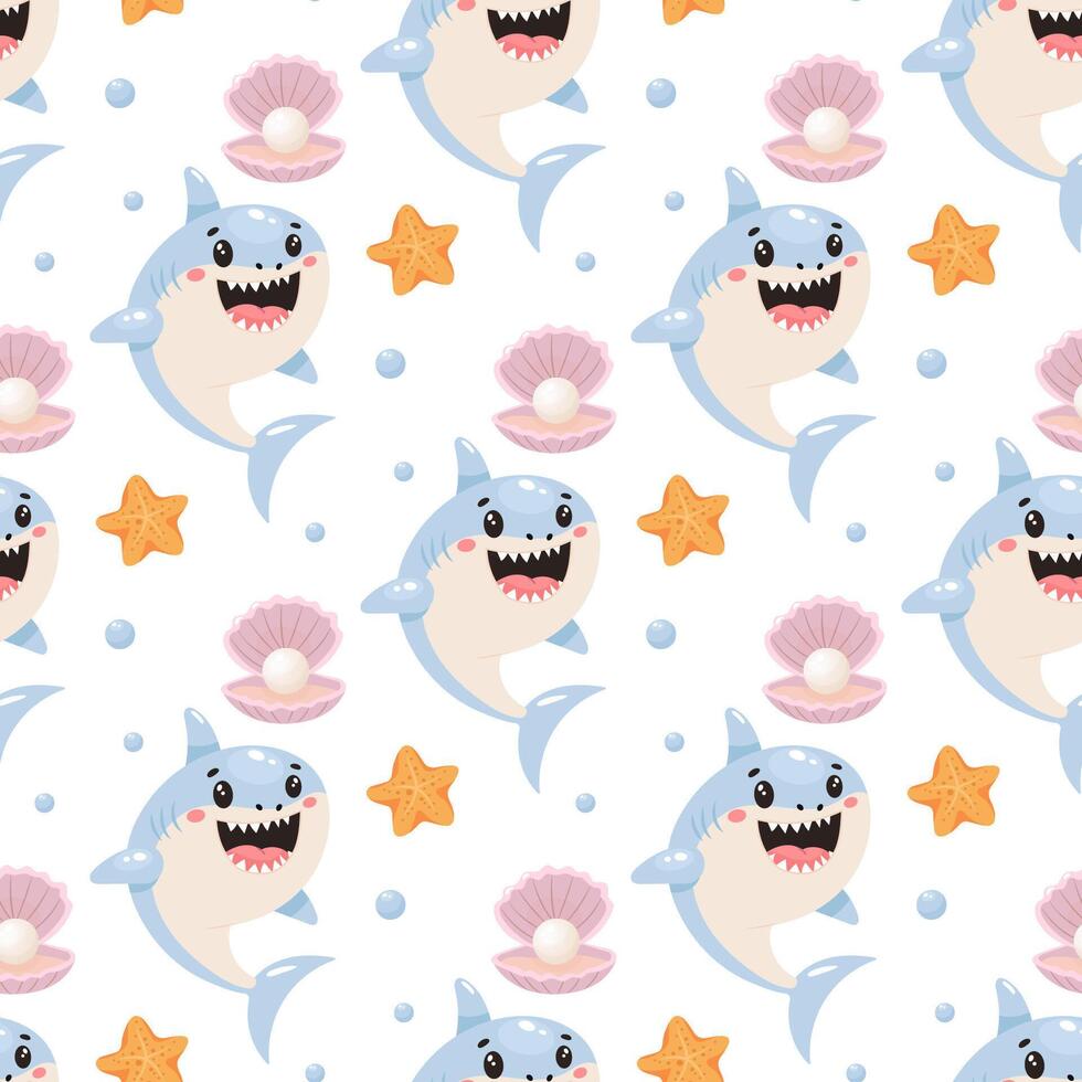Seamless cartoon pattern with smiling sharks, pink clamshells, pearls, and starfish vector
