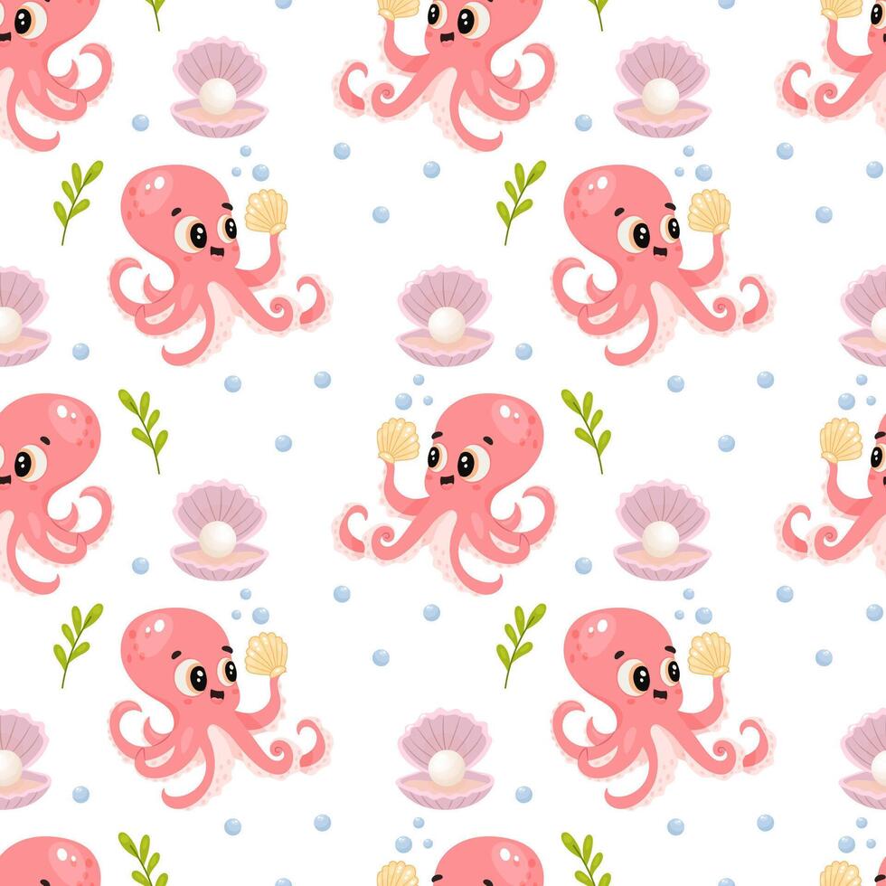 Whimsical underwater pattern featuring a smiling octopus holding a shell with pearls vector