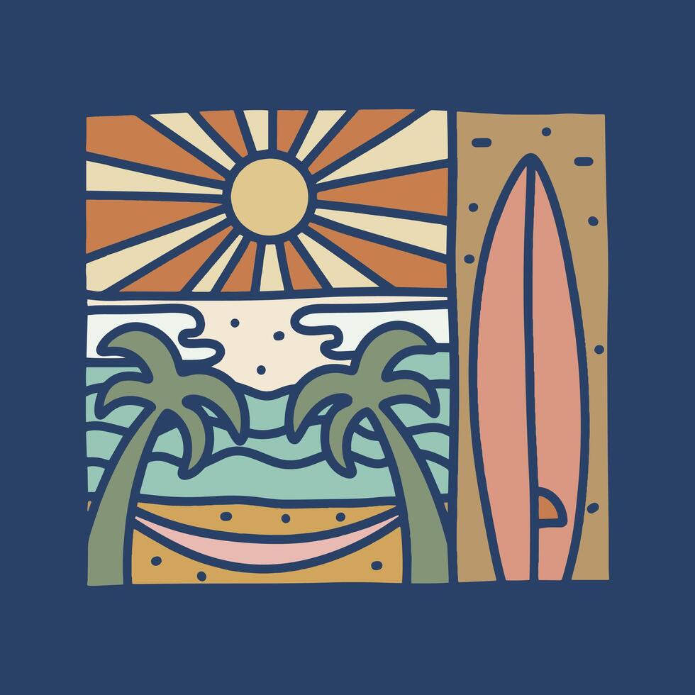 Three part oh the summer vibes, Surfboard, beach view, and sunny sun design for t shirt and print vector
