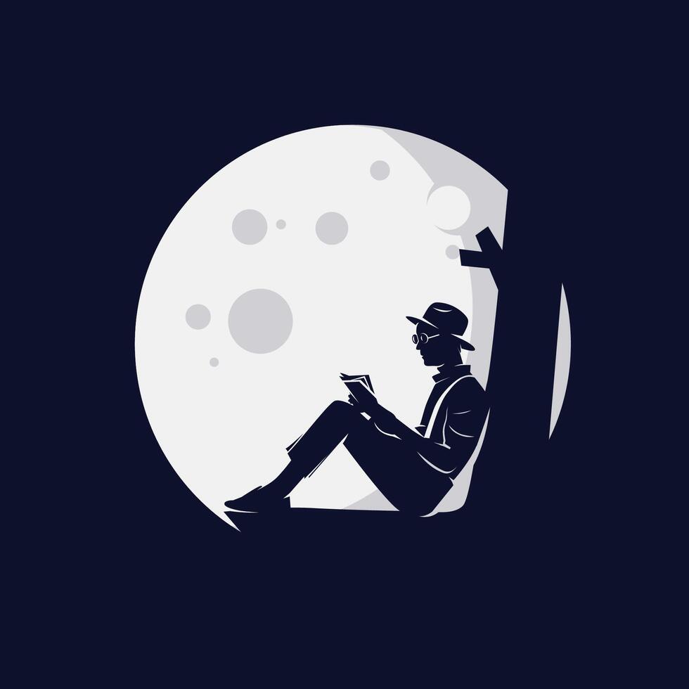 silhouette man reading book with full moon background illustration vector