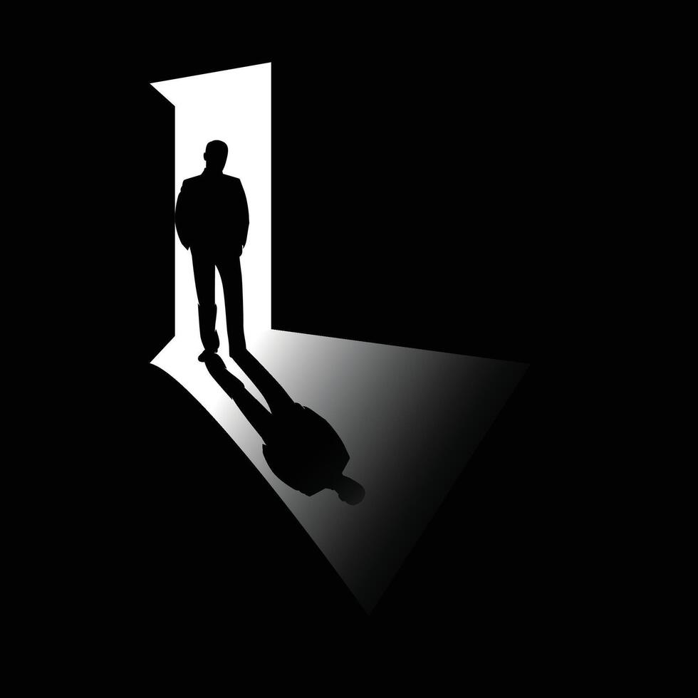Silhouette of a man walking out through an open door vector