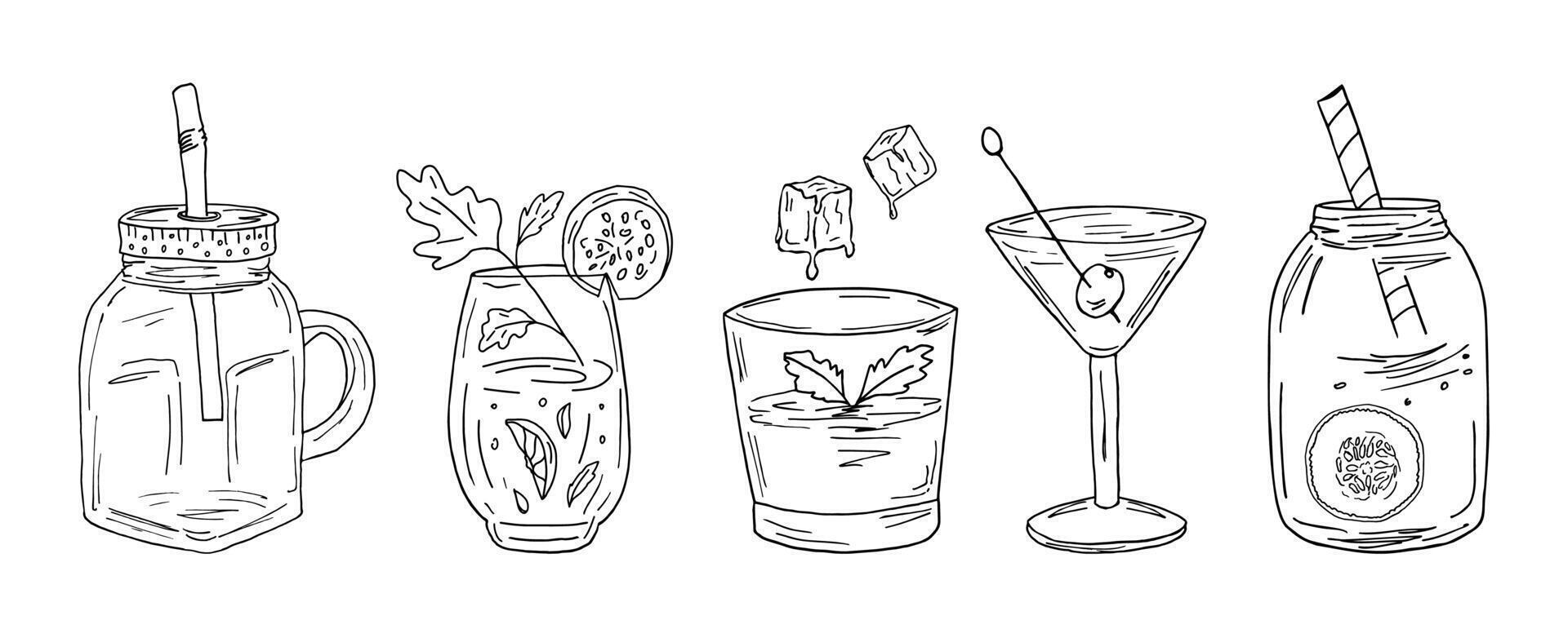 A set of glasses for fruit and vegetable smoothies, with pieces of ingredients, tubes and ice. illustrations in doodle style of healthy cocktails, diet detox drinks. vector
