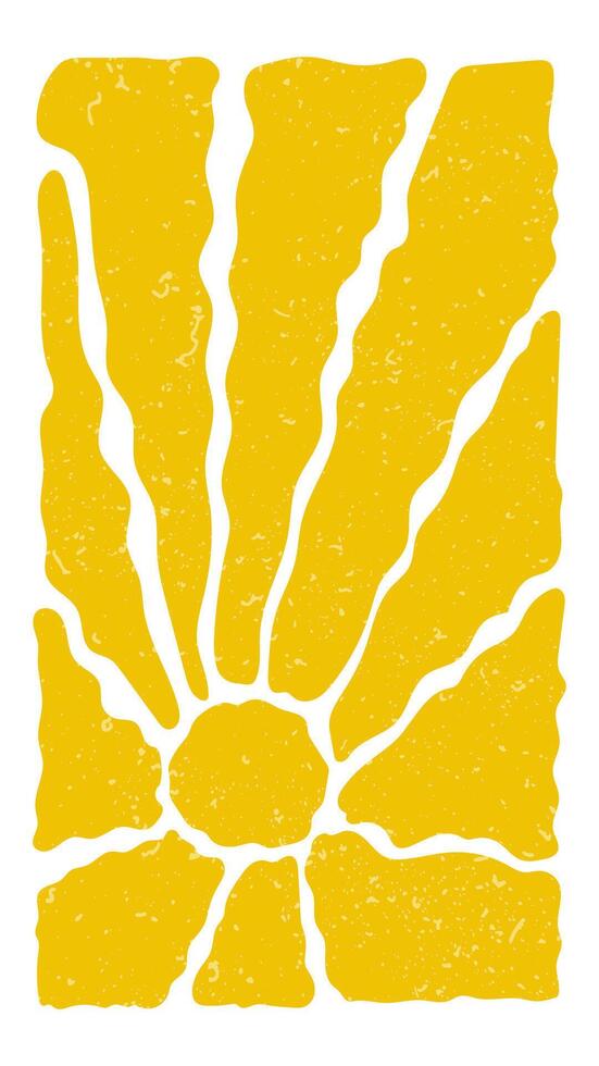 Groovy retro yellow sunburst starburst with ray of light. Horizontal background with yellow sun in 60s, 70s hippie style. Trendy colorful graphic print. Sunny template. Flat design illustration vector