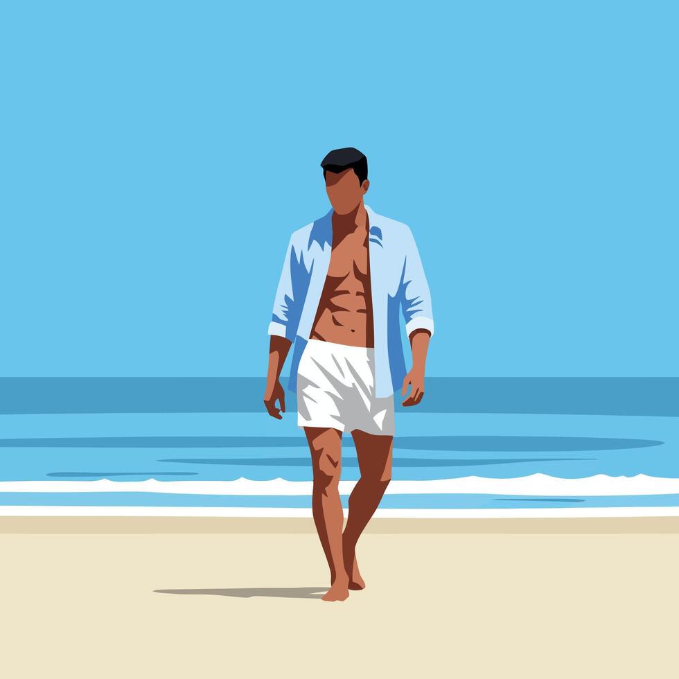 A man in shorts and shirt walking on the beach vector