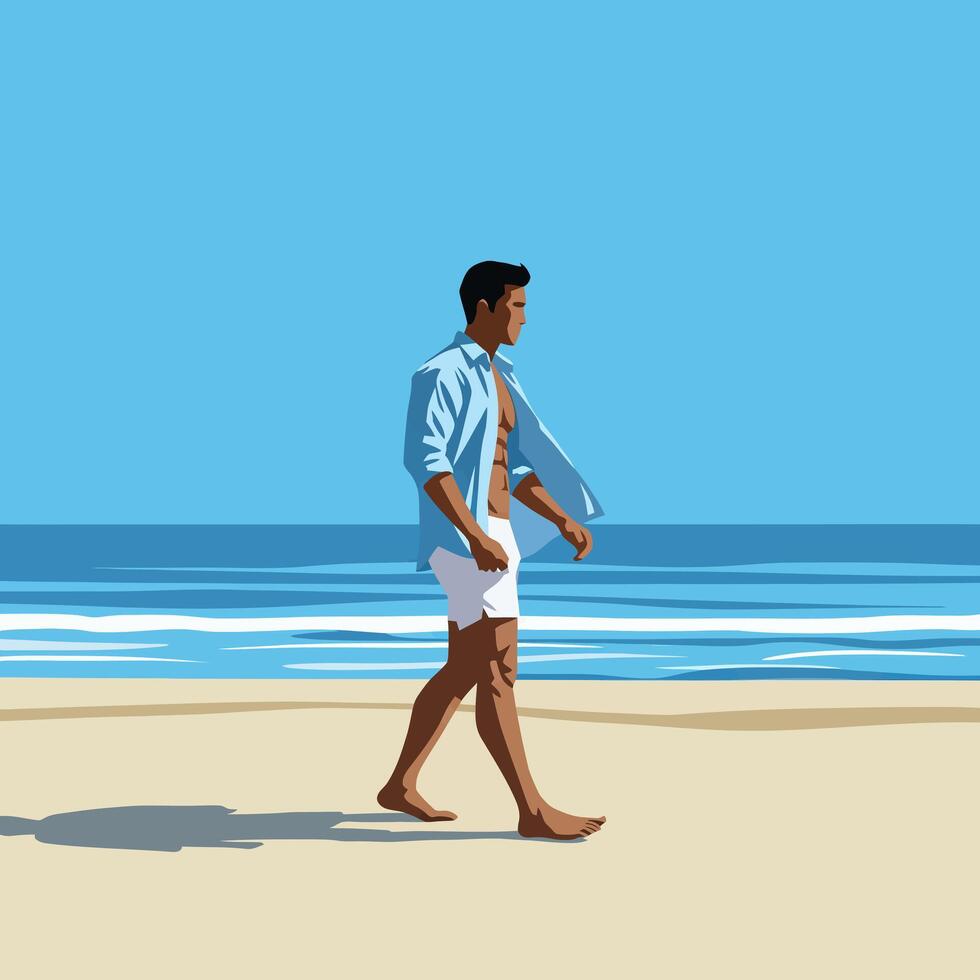 Man walking on the beach illustration vector